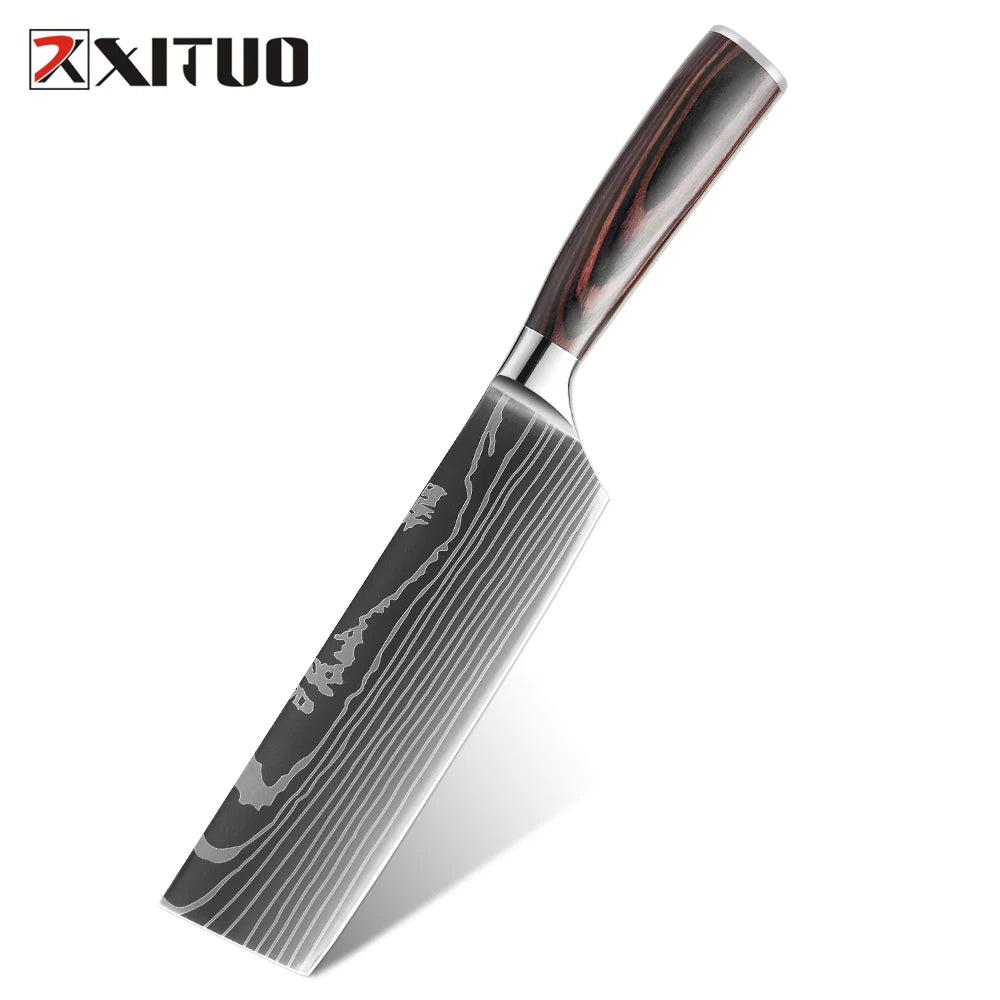 XITUO 7'' Japanese Slicing Knife Kitchen Cleaver Santoku Chef Knife Stainless Steel Damascus Pattern Nakiri Knives Cooking