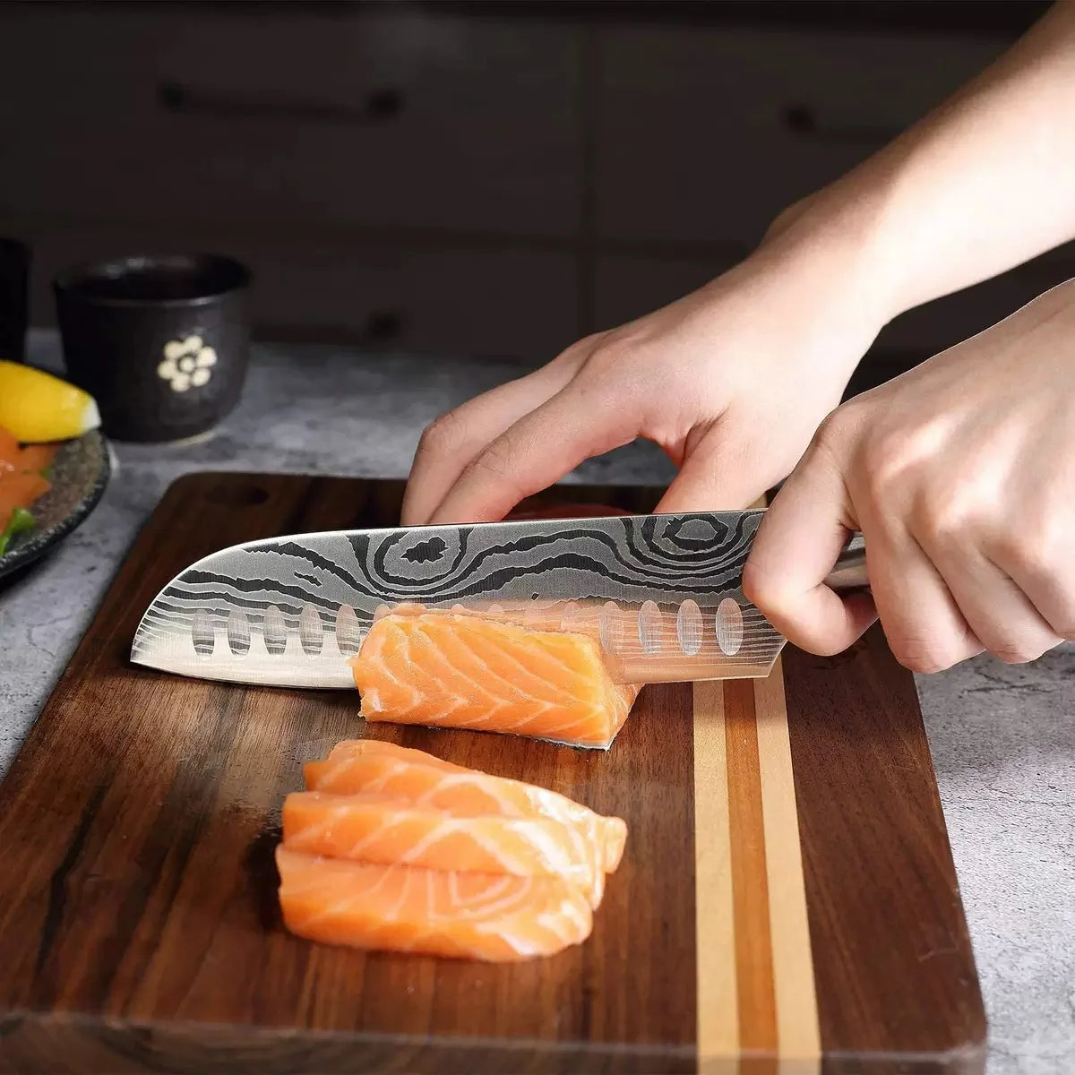 IOKO 7 Inch Chef Slicing Sushi Steak Santoku Knife Japanese Pakka Wood Handle Stainless Steel Kitchen Knife