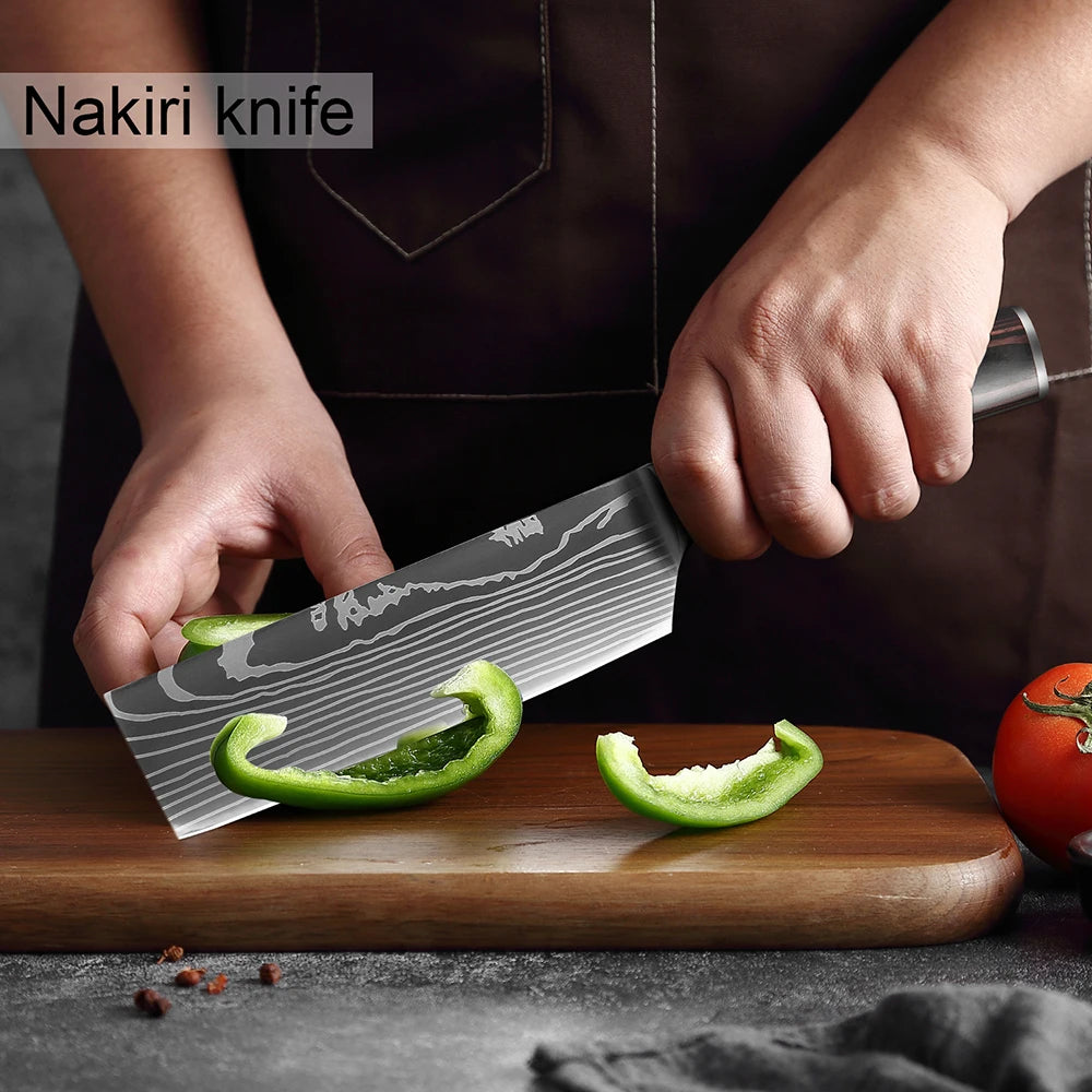 XITUO 7'' Japanese Slicing Knife Kitchen Cleaver Santoku Chef Knife Stainless Steel Damascus Pattern Nakiri Knives Cooking