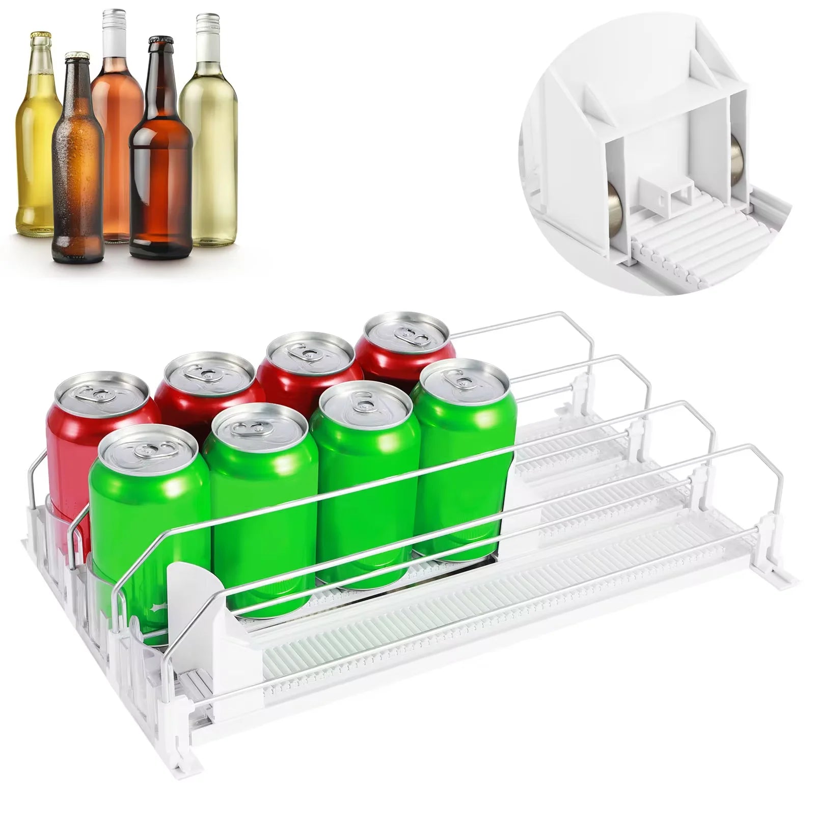 Drink Organizer Dispenser Spring Push Canned Beverage Push Rack Adjustable Width Storage Shelf E-shaped Glide for Refrigerator