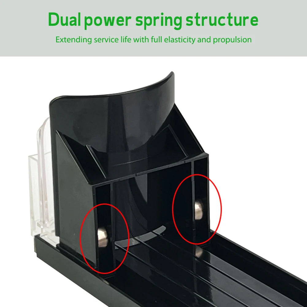 Drink Organizer Dispenser Spring Push Canned Beverage Push Rack Adjustable Width Storage Shelf E-shaped Glide for Refrigerator