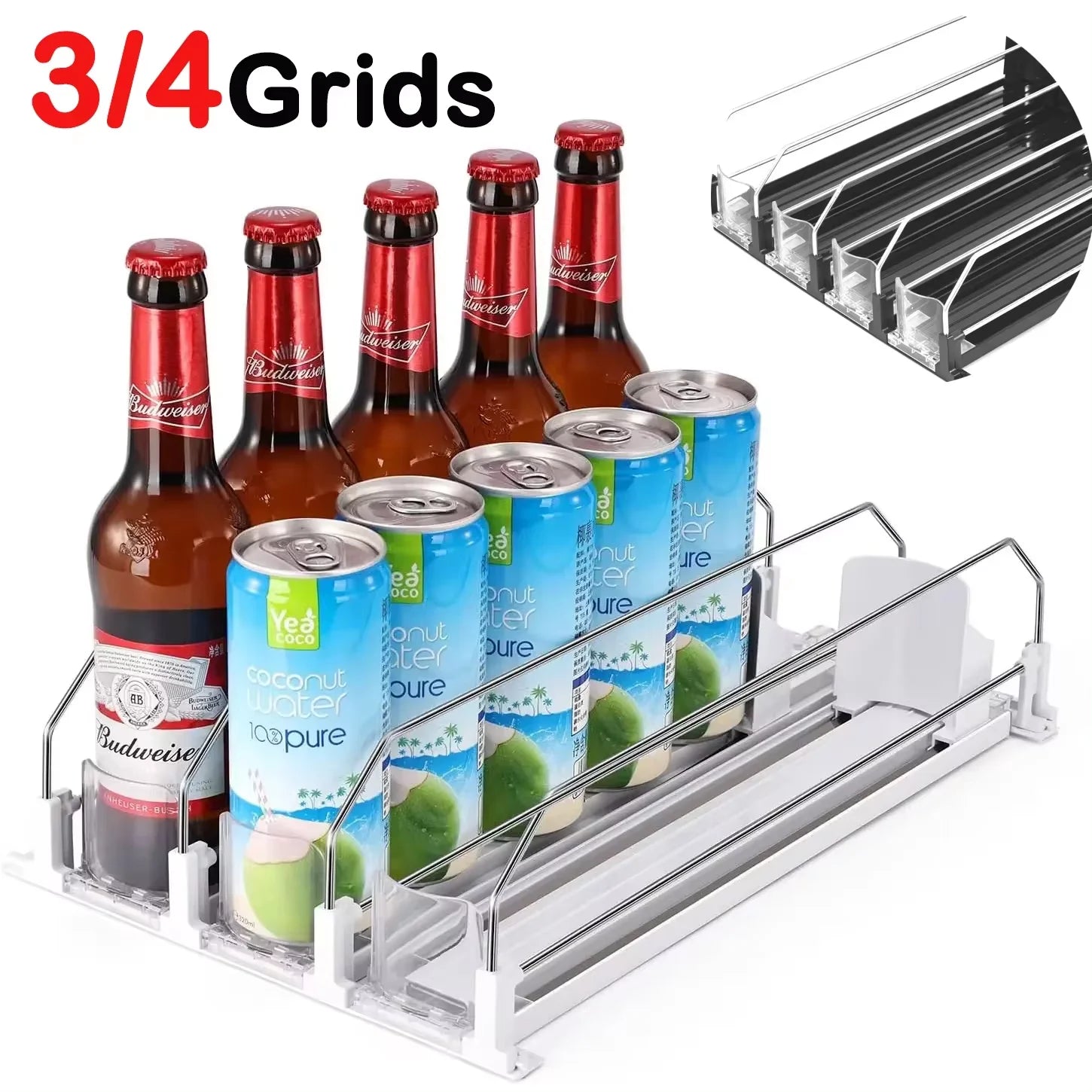 Drink Organizer Dispenser Spring Push Canned Beverage Push Rack Adjustable Width Storage Shelf E-shaped Glide for Refrigerator