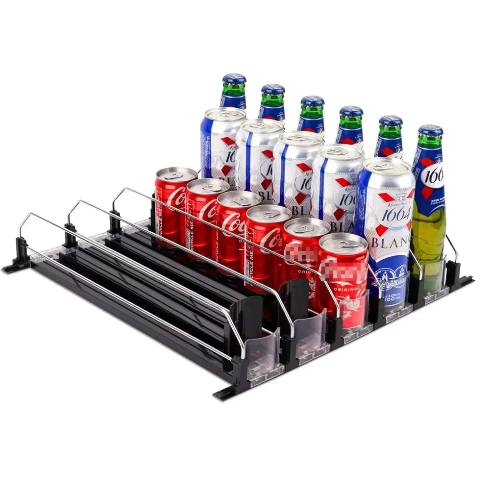 Drink Organizer Dispenser Spring Push Canned Beverage Push Rack Adjustable Width Storage Shelf E-shaped Glide for Refrigerator