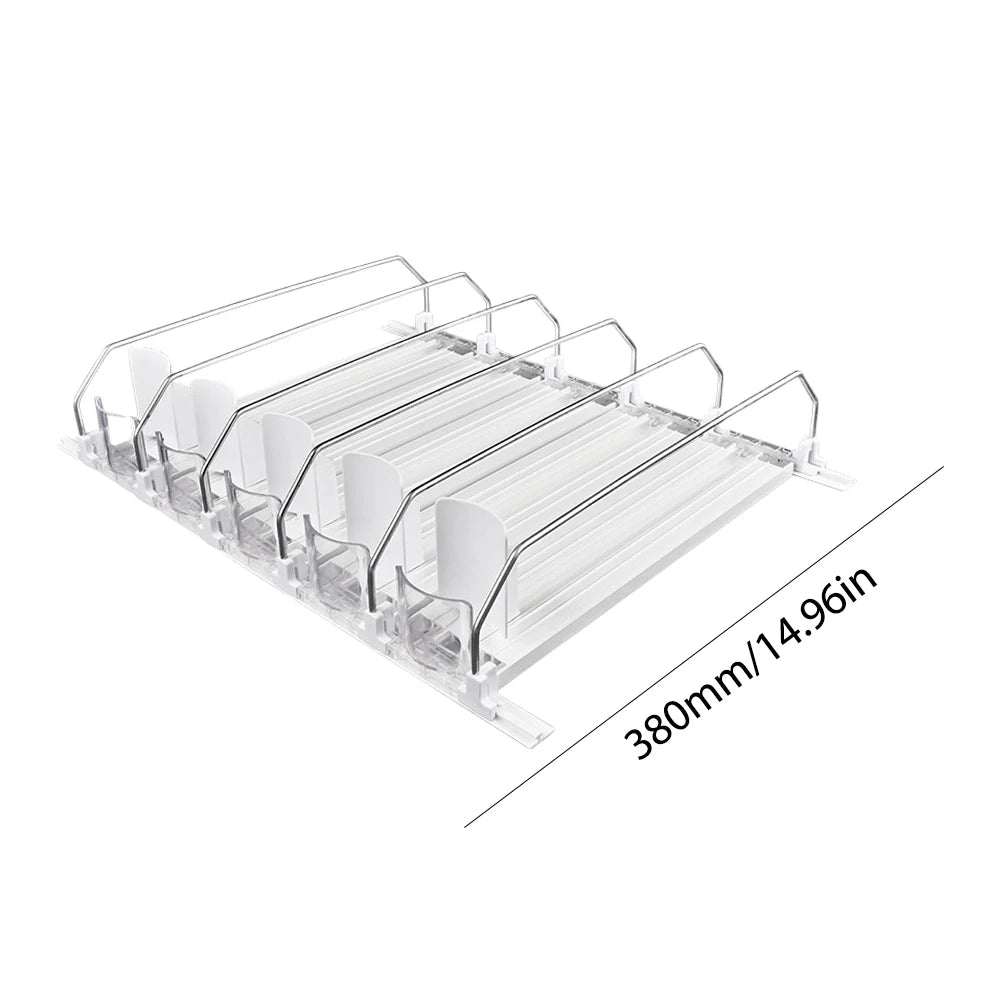Drink Organizer Dispenser Spring Push Canned Beverage Push Rack Adjustable Width Storage Shelf E-shaped Glide for Refrigerator