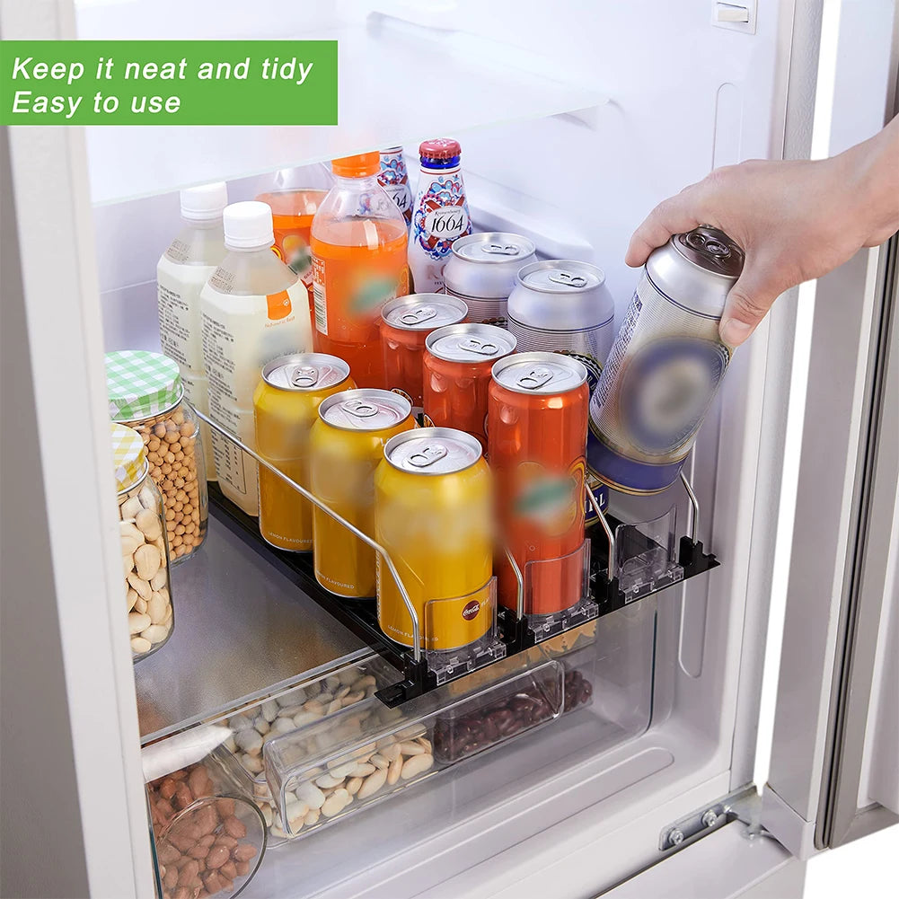 Drink Organizer Dispenser Spring Push Canned Beverage Push Rack Adjustable Width Storage Shelf E-shaped Glide for Refrigerator