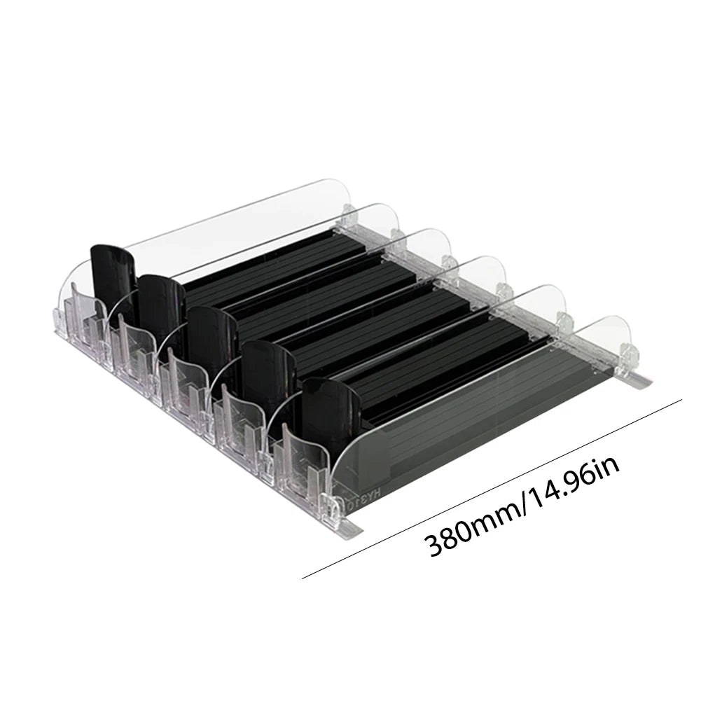 Drink Organizer Dispenser Spring Push Canned Beverage Push Rack Adjustable Width Storage Shelf E-shaped Glide for Refrigerator