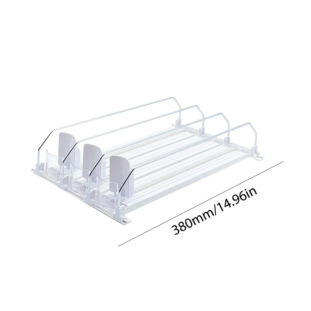 Drink Organizer Dispenser Spring Push Canned Beverage Push Rack Adjustable Width Storage Shelf E-shaped Glide for Refrigerator